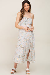 Light Sage Floral Sleeveless Front Tie Side Slit Maternity Midi Dress