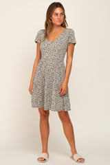 Olive Leaf Printed V-Neck Short Sleeve Dress