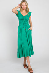 Green Smocked Ruched Ruffle Hem Maxi Dress