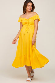 Yellow Smocked Ruched Ruffle Hem Maternity Maxi Dress