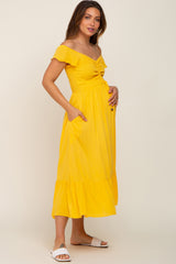 Yellow Smocked Ruched Ruffle Hem Maternity Maxi Dress