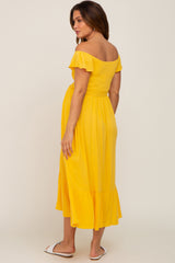 Yellow Smocked Ruched Ruffle Hem Maternity Maxi Dress