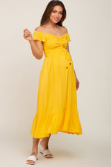 Yellow Smocked Ruched Ruffle Hem Maternity Maxi Dress