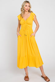 Yellow Smocked Ruched Ruffle Hem Maxi Dress