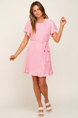 Pink Pleated Front Tie Dress