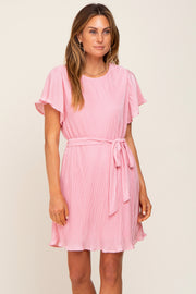 Pink Pleated Front Tie Dress