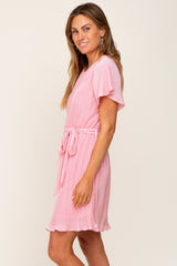 Pink Pleated Front Tie Dress