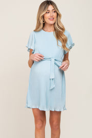 Light Blue Pleated Front Tie Maternity Dress