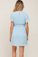 Light Blue Pleated Front Tie Maternity Dress