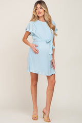 Light Blue Pleated Front Tie Maternity Dress