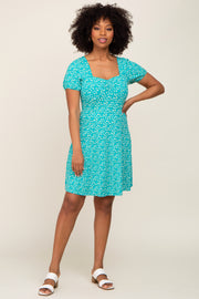 Turquoise Floral Criss Cross Back A-Line Dress