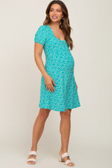 Turquoise Floral Criss Cross Back A-Line Maternity Dress