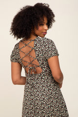 Brown Floral Criss Cross Back A-Line Dress