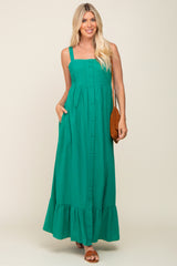 Green Front Button Sleeveless Maxi Dress