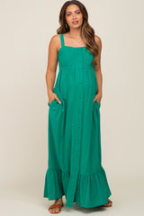 Green Front Button Sleeveless Maternity Maxi Dress