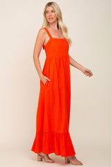 Red Orange Front Button Sleeveless Maxi Dress