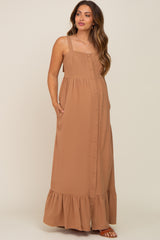 Mocha Front Button Sleeveless Maternity Maxi Dress