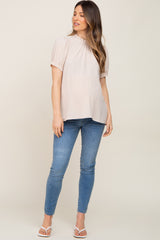 Beige Ruffle Mock Neck Maternity Blouse Top