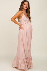 Light Pink Sleeveless Ruffle V-Neck Maternity Maxi Dress