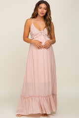 Light Pink Sleeveless Ruffle V-Neck Maternity Maxi Dress