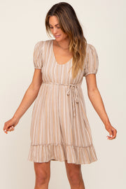 Taupe Stripe Print Puff Sleeve Dress