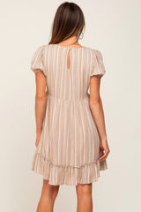 Taupe Stripe Print Puff Sleeve Dress