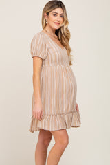 Taupe Stripe Print Puff Sleeve Maternity Dress