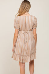 Taupe Stripe Print Puff Sleeve Maternity Dress