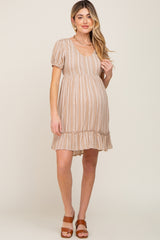 Taupe Stripe Print Puff Sleeve Maternity Dress