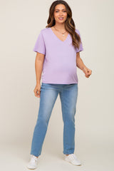 Lavender V-Neck Relaxed Maternity Short Sleeve Top