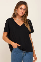 Black V-Neck Relaxed Maternity Short Sleeve Top