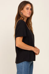 Black V-Neck Relaxed Short Sleeve Top