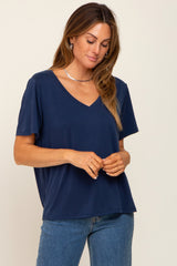 Navy Blue V-Neck Relaxed Short Sleeve Top