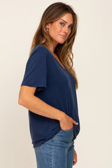 Navy Blue V-Neck Relaxed Short Sleeve Top