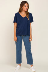 Navy Blue V-Neck Relaxed Short Sleeve Top