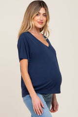 Navy Blue V-Neck Relaxed Maternity Short Sleeve Top