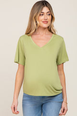 Light Green V-Neck Relaxed Maternity Short Sleeve Top