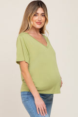 Light Green V-Neck Relaxed Maternity Short Sleeve Top