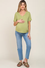 Light Green V-Neck Relaxed Maternity Short Sleeve Top