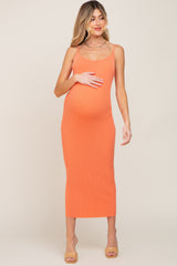 Peach Ribbed Cutout Back Maternity Midi Dress