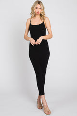 Black Ribbed Cutout Back Midi Dress