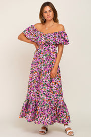 Purple Floral Flounce Midi Dress