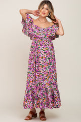 Purple Floral Flounce Maternity Midi Dress