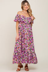 Purple Floral Flounce Maternity Midi Dress