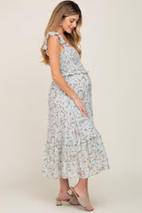 Mint Green Floral Smocked Tiered Maternity Midi Dress