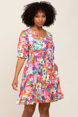 Fuchsia Floral V-Neck Puff Sleeve Dress