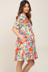 Ivory Floral V-Neck Puff Sleeve Maternity Dress