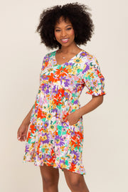 Ivory Floral V-Neck Puff Sleeve Dress