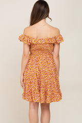 Yellow Printed Ruffle Accent Tiered Maternity Dress