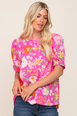 Fuchsia Floral Puff Sleeve Maternity Blouse